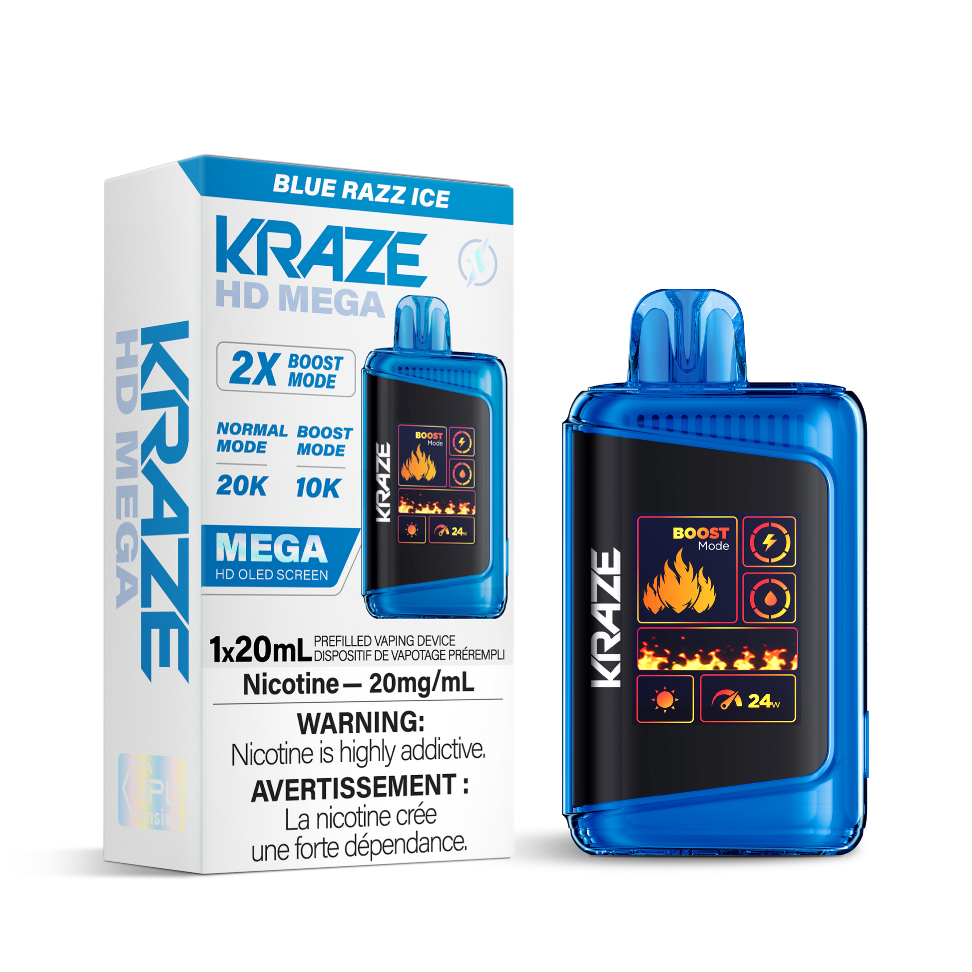 Kraze HD Mega 20k Rechargeable Disposable Vape Blue Razz Ice